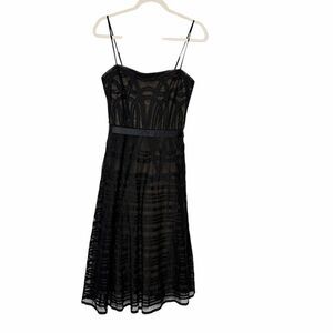 BCBGMaxAzria Midi Dress Womens Small Black Spaghetti Strap Mesh Overlay A-Line